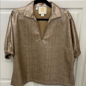 St. John Collection Metallic Taupe Snake-Print V-Neck Blouse